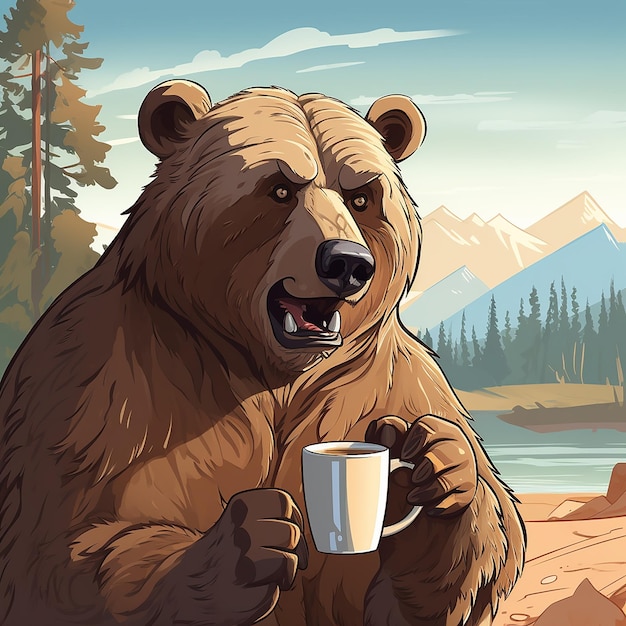 Zdjęcie niedźwiedź pije kawę.