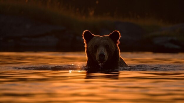 Niedźwiedź pływa w rzece o zachodzie słońca.