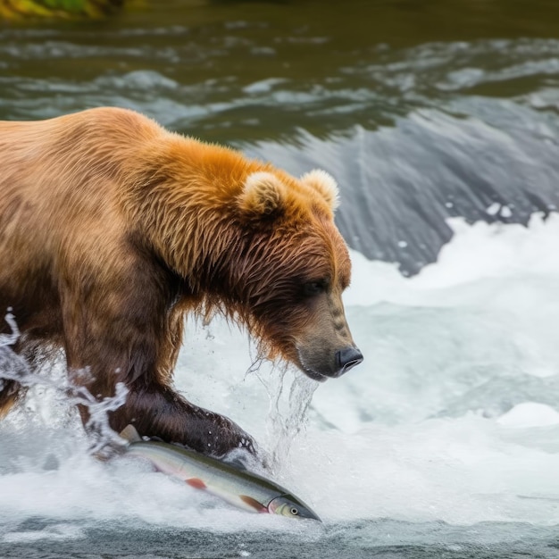 Niedźwiedź pływa w wodzie i szuka łososia.