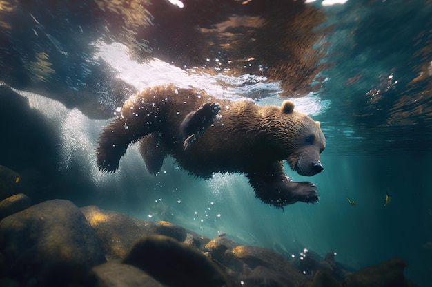 Niedźwiedź pływający pod wodą z rybą w dolnej generatywnej sztucznej inteligencji