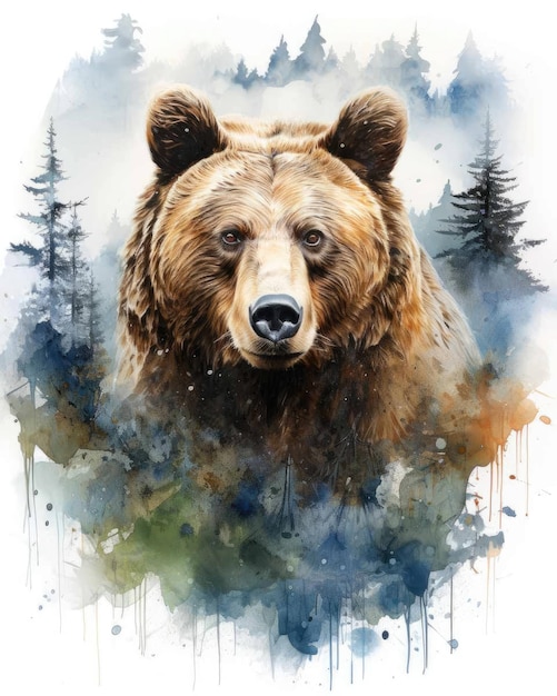 Niedźwiedź Podwójna ekspozycja drzew niedźwiedzia i gór natury w akwareli