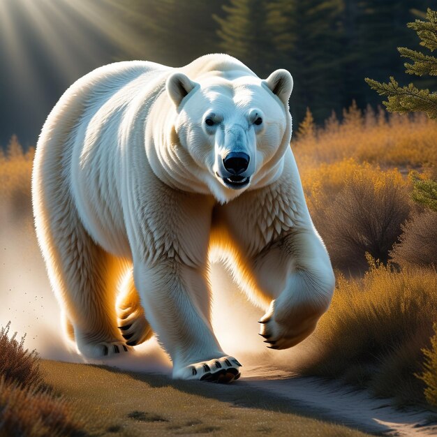 Niedźwiedź polarny biega na tle pustynnej przyrody dzikiej przyrody i śniegu