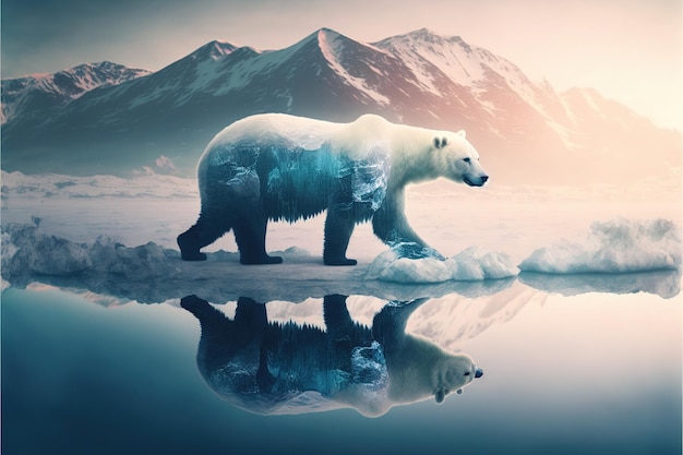 Niedźwiedź polarny cierpi z powodu zmiany klimatu w podwójnej ekspozycji