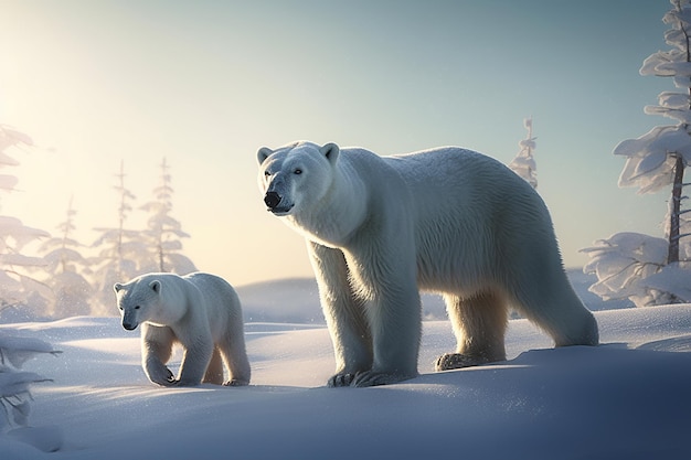 Niedźwiedź polarny i jej młode stoją na śniegu.