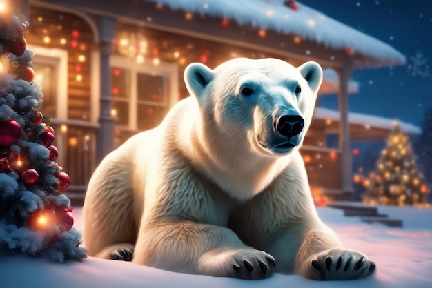 Niedźwiedź polarny na werandzie domu ozdobiony na Boże Narodzenie i Nowy Rok