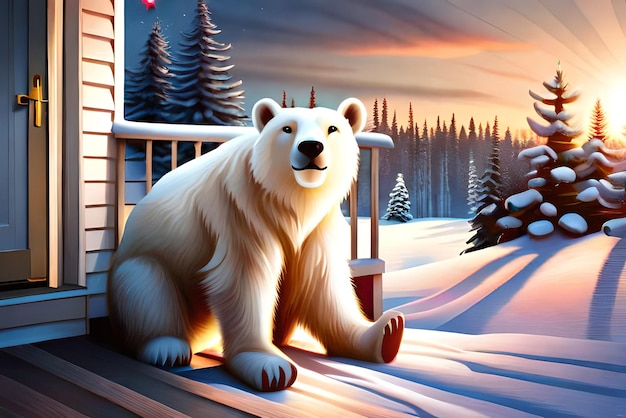 Niedźwiedź polarny na werandzie domu udekorowany na Boże Narodzenie i Nowy Rok