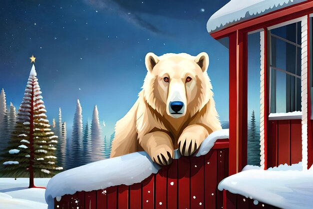 Niedźwiedź polarny na werandzie domu udekorowany na Boże Narodzenie i Nowy Rok