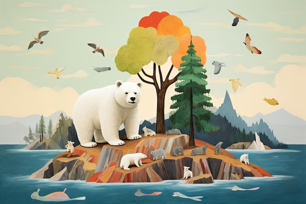 Niedźwiedź polarny na wyspie na jeziorze ilustracja osierocony niedźwiedź polarny osierocony na jałowej wyspie AI Wygenerowano