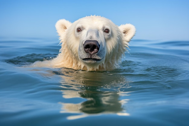 niedźwiedź polarny pływający w oceanie na tle błękitnego nieba