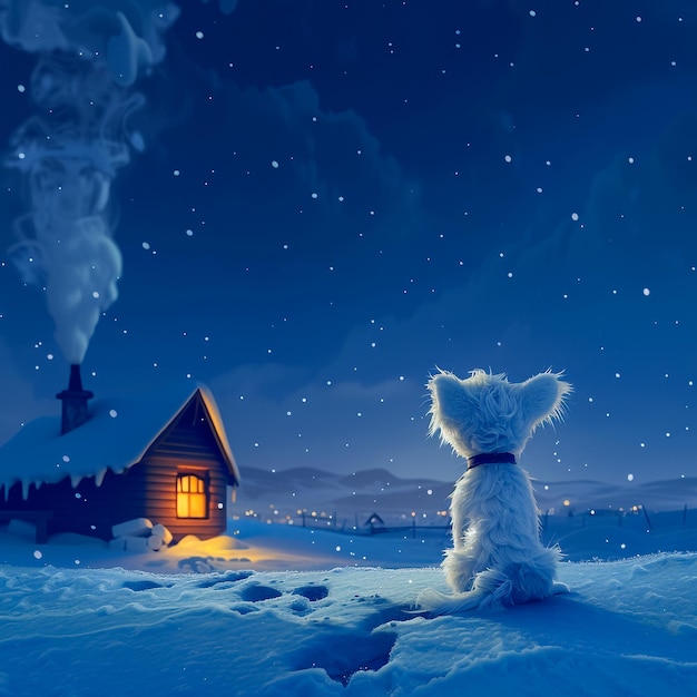 niedźwiedź polarny siedzący w śniegu z oświetlonym domem na tle