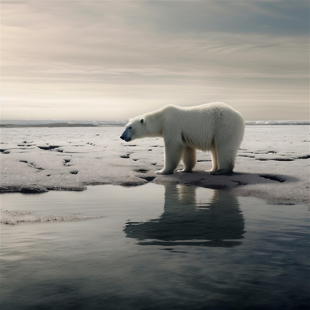 Niedźwiedź polarny stoi na kawałku lodu z napisem polar.