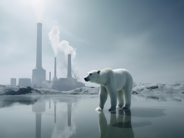 Niedźwiedź polarny stoi w wodzie przed fabryką.