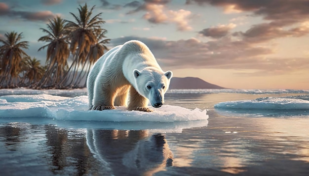 niedźwiedź polarny stojący na lodzie na tle tropikalnej wyspy z drzewami palmowymi