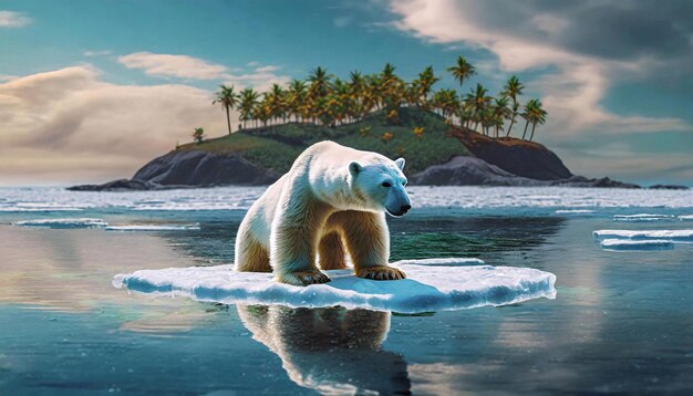 niedźwiedź polarny stojący na lodzie na tle tropikalnej wyspy z palmami