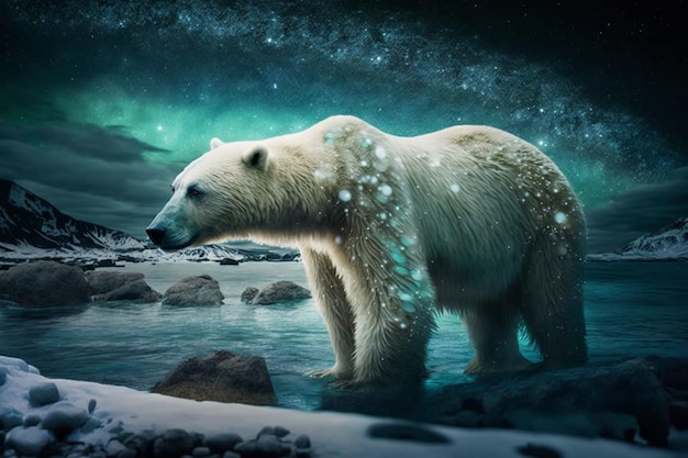 Niedźwiedź polarny stojący na śniegu z rozgwieżdżonym niebem w tle.