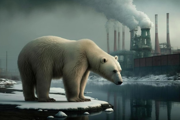 Niedźwiedź polarny umierający przed fabryką Globalne ocieplenie powietrza i zanieczyszczenia przyrody generujące ai