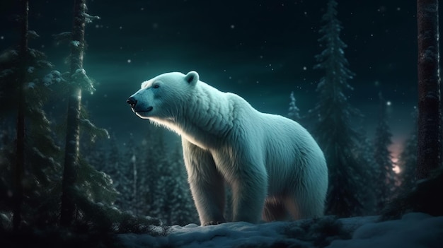 Niedźwiedź polarny Ursus maritimus w nocnym lesiegeneratywne ai