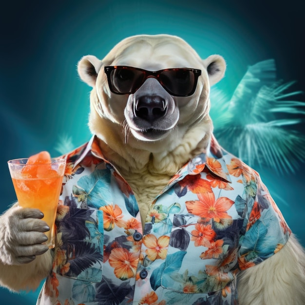 Niedźwiedź polarny w chłodnej hawajskiej koszuli z napojem Fun Party jest zwierzęciem imprezowym