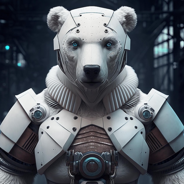 niedźwiedź polarny w cyberpunku futurystyczny metalowy robot starożytny rustykalny strój zbrojeniowy