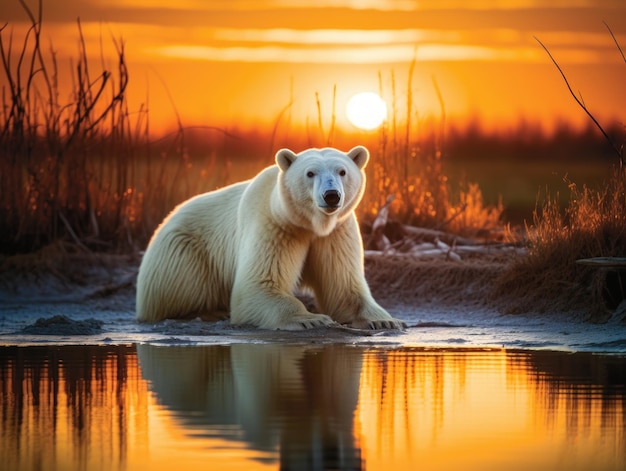 Niedźwiedź polarny w topniejącym zanieczyszczonym środowisku o zachodzie słońca