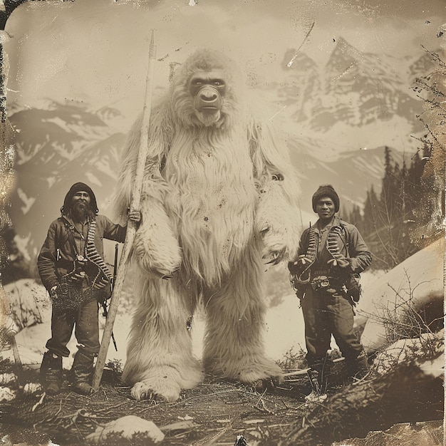 niedźwiedź polarny z dwoma mężczyznami na śniegu z flagą na tle