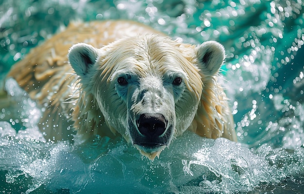 Zdjęcie niedźwiedź polarny z wdziękiem pływa w wodach parku zwierząt, wykazując naturalną elegancję i siłę.