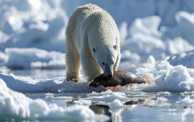 Zdjęcie niedźwiedź polarny zjada świeżo złapaną fokię na zamarzniętym morzu.
