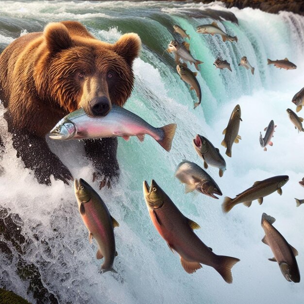 Zdjęcie niedźwiedź polujący na łososia w górnej części rzeki