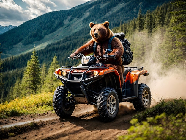 niedźwiedź prowadzący pojazd terenowy ATV przez nierówny teren zewnętrzny