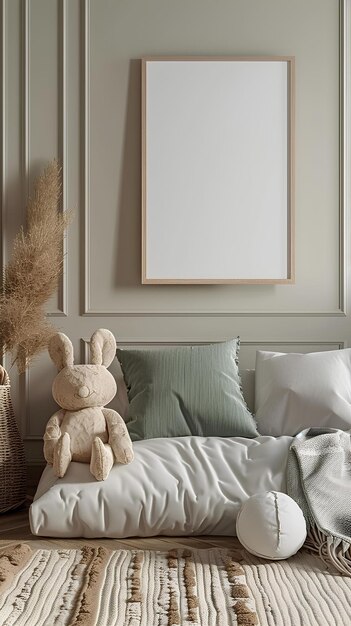Niedźwiedź siedzący na łóżku z pustym obrazem nad nim i koszyk poduszek i poduszkę