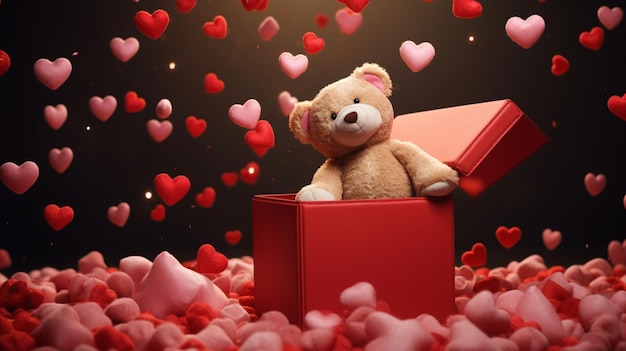 Niedźwiedź siedzący w pudełku Koncepcja Dnia Walentynek Generatywna sztuczna inteligencja
