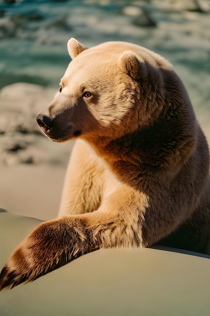 Niedźwiedź siedzi na skale przed zbiornikiem wodnym.