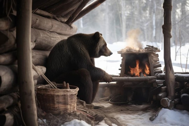 Zdjęcie niedźwiedź siedzi w chacie w śniegu obok ognia.