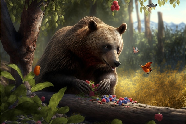 Niedźwiedź siedzi w lesie i je jagody.
