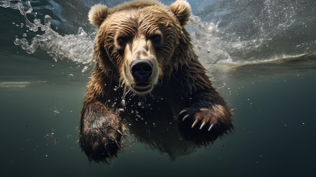 Niedźwiedź skacze do wody Fotografia podwodna Nurkowanie zwierząt w głębinach Dzika przyroda