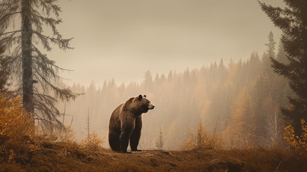 Zdjęcie niedźwiedź stoi na wzgórzu w lesie