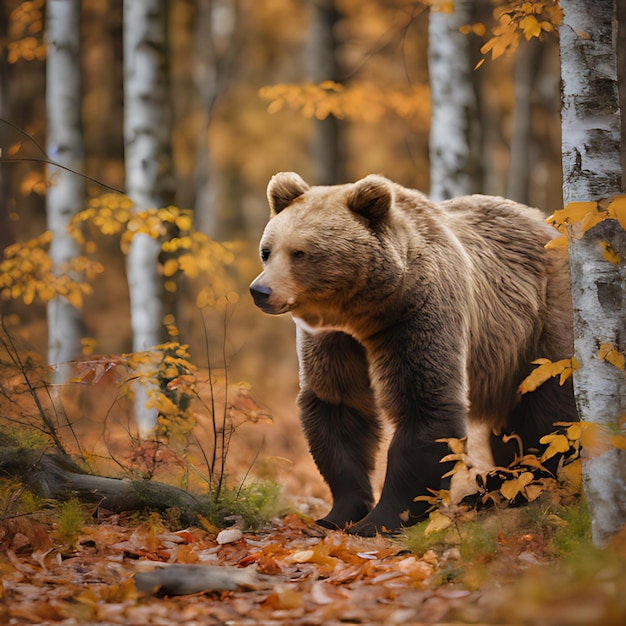 Niedźwiedź stoi w lesie jesienią.