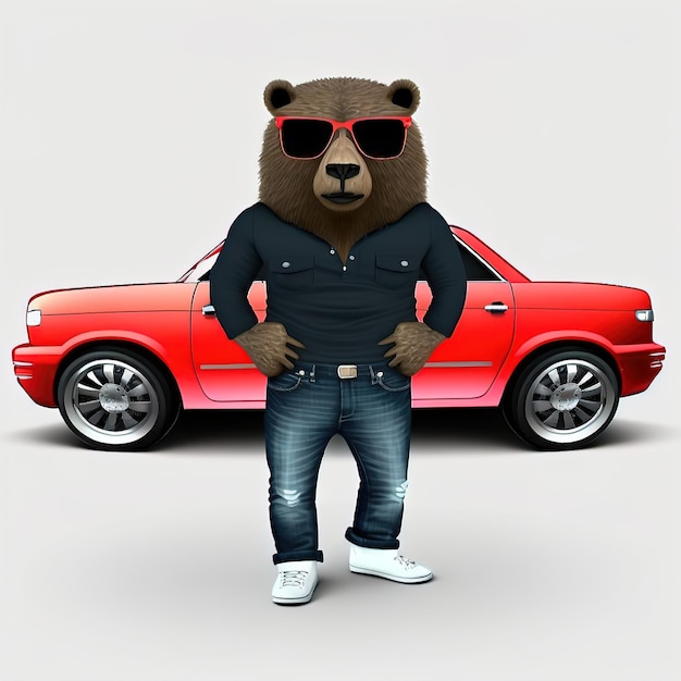 Niedźwiedź stoi w okularach przeciwsłonecznych, czarnej kurtce i dżinsach na tle czerwonej ilustracji 3D