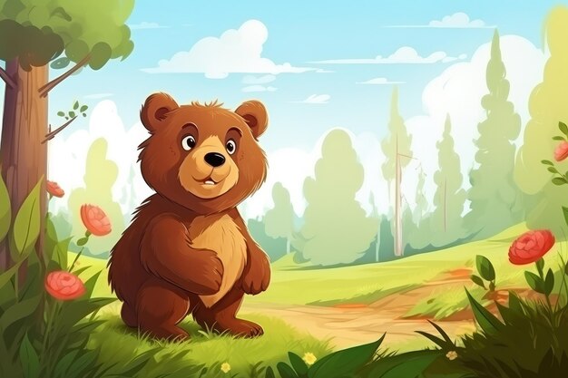 Niedźwiedź w naturze Rysowana ilustracja kreskówek zwierząt Generatywna ai