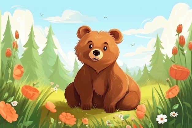 Niedźwiedź w naturze Rysowana ilustracja kreskówek zwierząt Generatywna ai