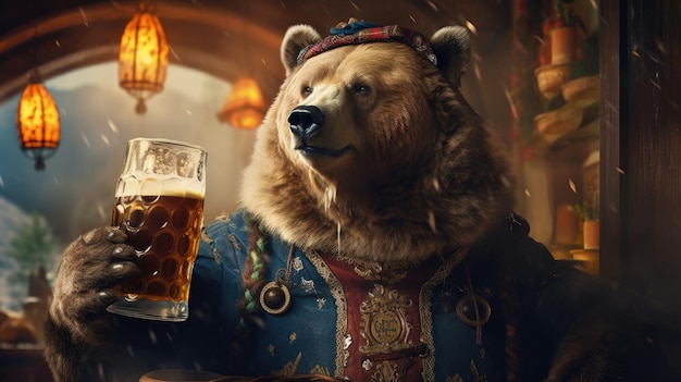 Niedźwiedź w tradycyjnym stroju bawarskim trzymający kufel do piwa na obchody Oktoberfest Generacyjna sztuczna inteligencja