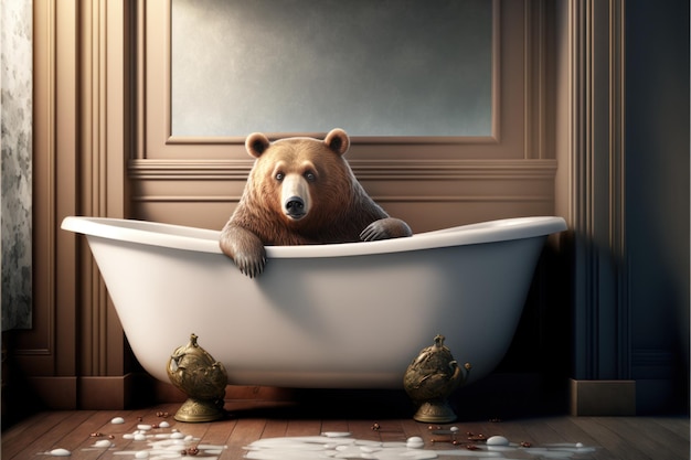 Niedźwiedź w wannie z wodą na podłodze