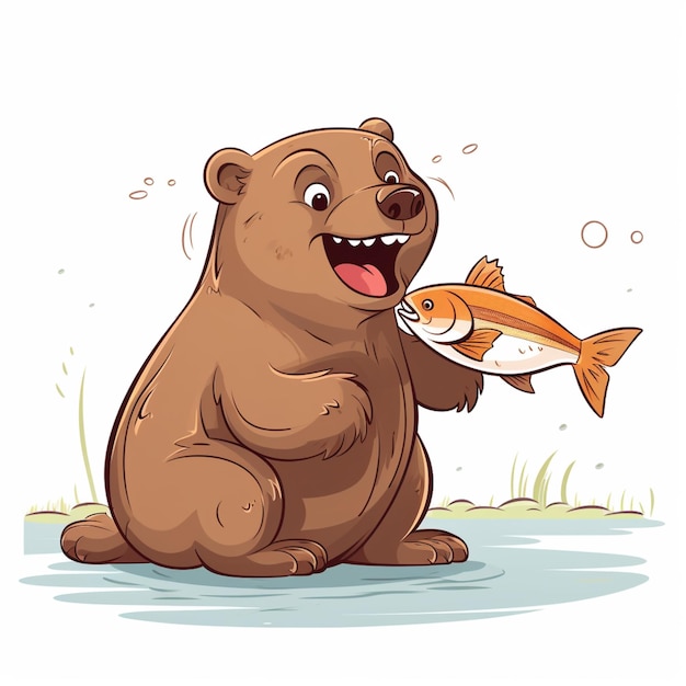 Niedźwiedź z kreskówką trzymający rybę w ustach i rybę w ustach generatywny ai