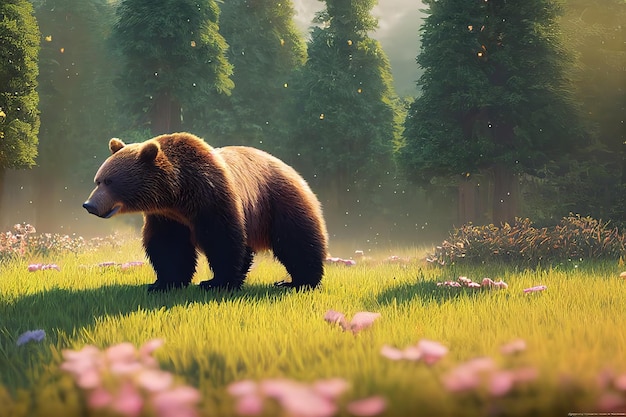 Niedźwiedź z puszystym brązowym futerkiem stoi na zielonej łące na tle lasu na czystym da