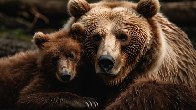 Niedźwiedzica matka i jej młode siedzą razem.