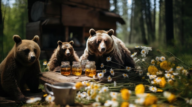 Zdjęcie niedźwiedzie cieszą się miodem w lesie z dzikimi kwiatami i drewnianą chaty