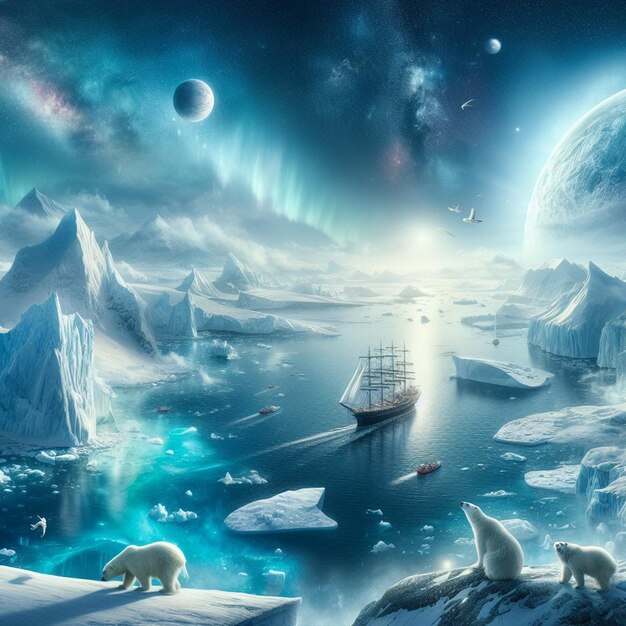 Niedźwiedzie polarne są na lodzie, a jeden pływa w oceanie.