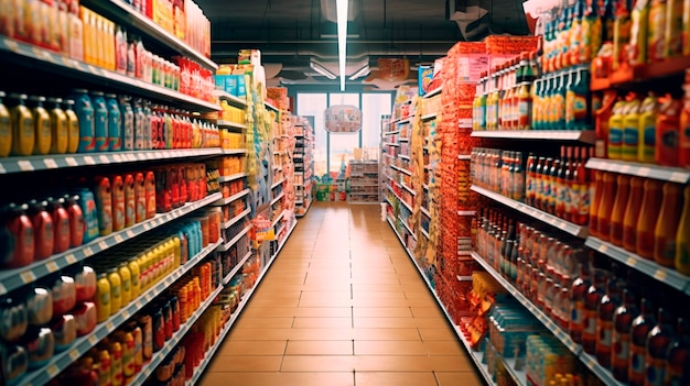 Zdjęcie niekończący się wybór w długim, jasnym korytarzu supermarketu wypełnionym różnorodnymi produktami generatywna sztuczna inteligencja