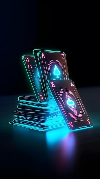 niektóre karty do gry ze świecącymi neonowymi wzorami na tablecie