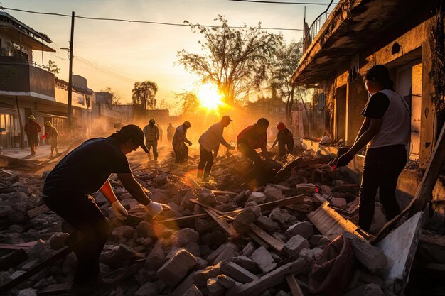Zdjęcie niektórzy ludzie pracują nad gruzami na słońcu, za nimi stoją budynki i szczątki rozrzucone wokół.